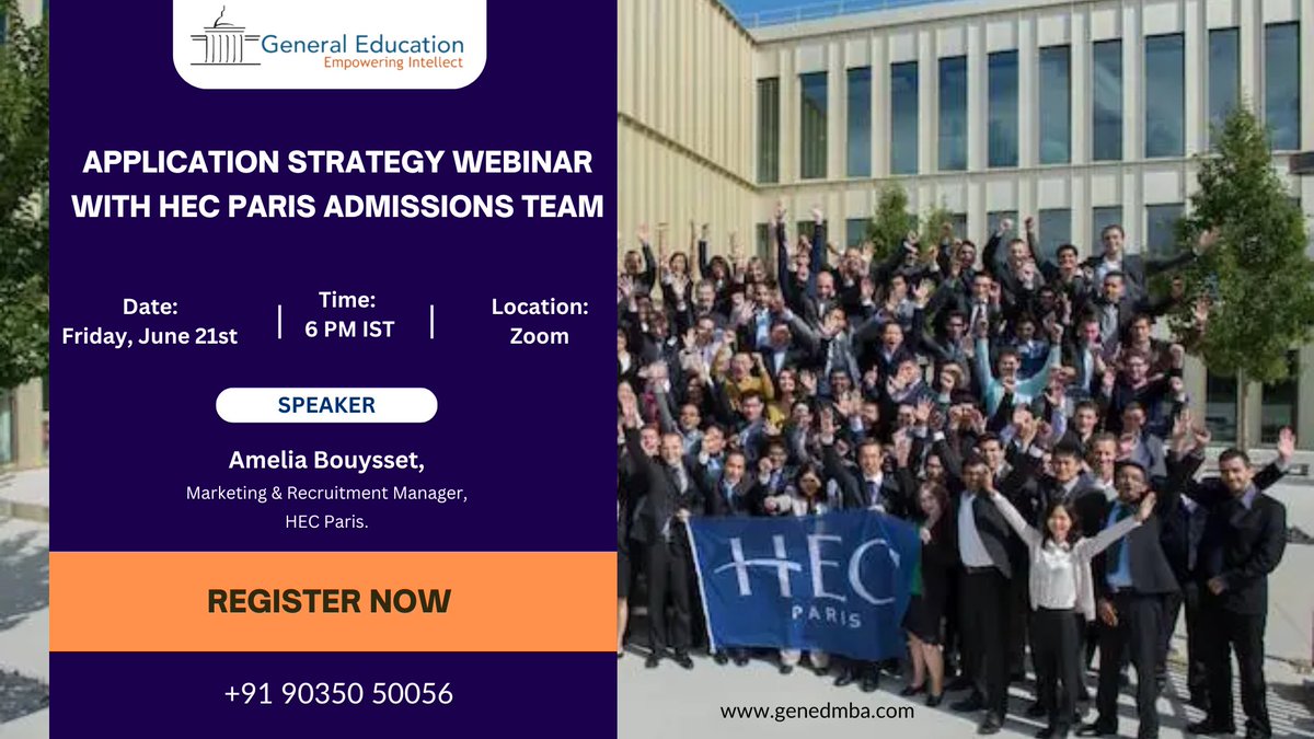 GeneralEdMBA's tweet image. Join our FREE webinar with the HEC Paris Admissions Team and learn how an MBA can help you achieve your goals!
Date: Friday, June 21st

Time: 6 PM IST

Location: Zoom

Don&apos;t miss this chance! Register now:  bit.ly/HEC_webinar

#HECParis #MBA #ApplicationStrategy