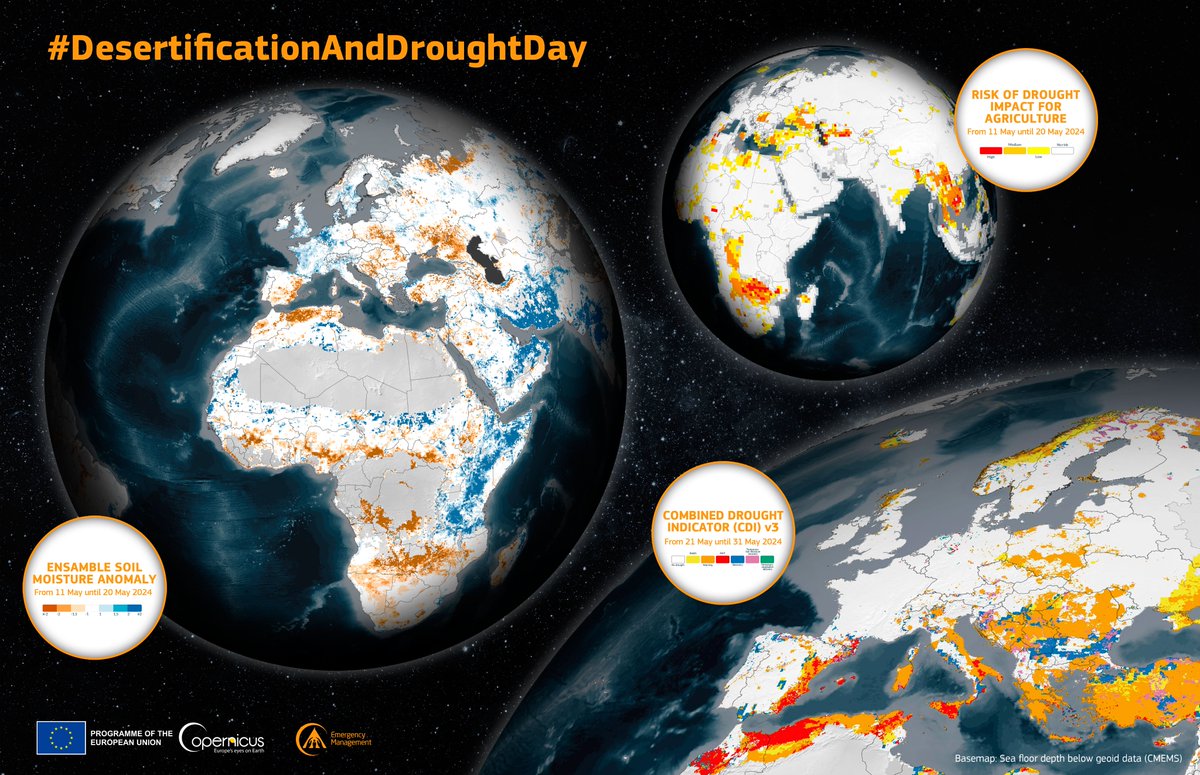CopernicusEMS's tweet photo. #DesertificationAndDroughtDay

According to the @UNCCD, up to 40% of the world's land is already considered degraded

Our #Drought Observatories provide information on key indicators to support 🚱 management, response planning, and the development of resilience strategies https://t.co/Kj1FsLkGIT