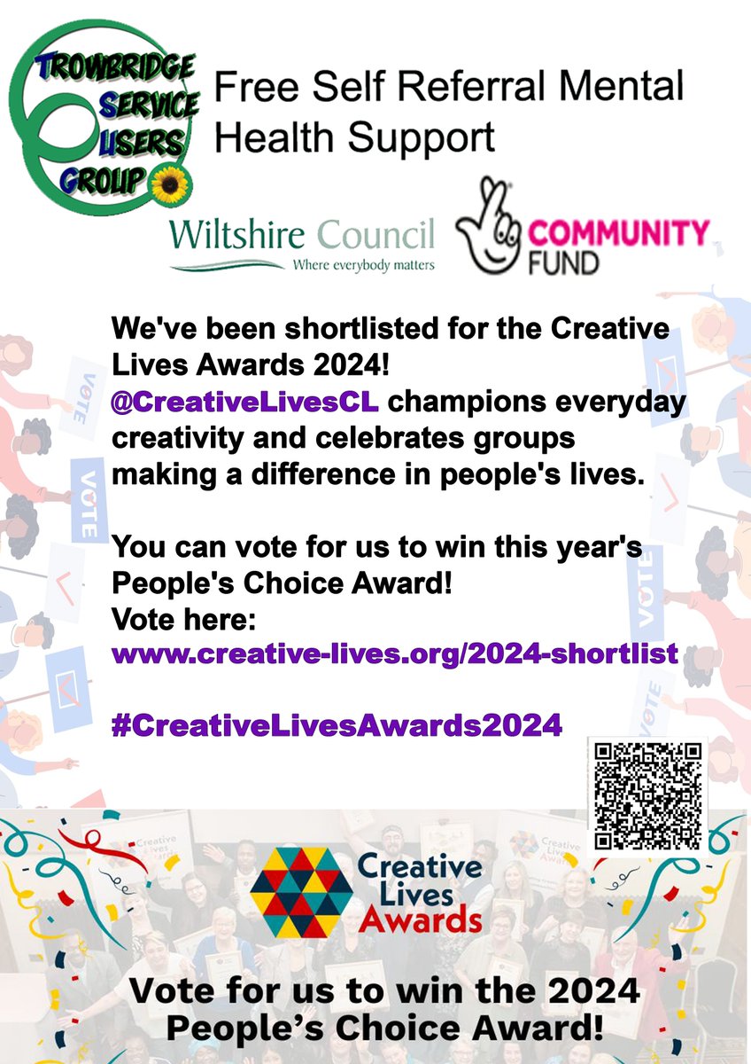 AdminTug's tweet image. #Trowbridge service user's group has been  shortlisted for the Creative Lives Awards 2024!   You can vote for us to win this year's People's  Choice Award! Vote here: creative-lives.org/2024-shortlist #CreativeLivesAwards2024 @CreativeLivesCL