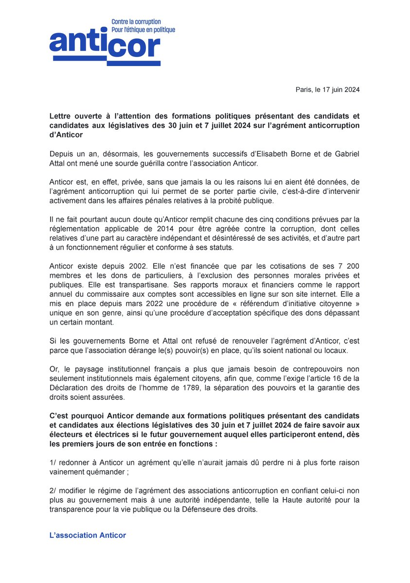 anticor_org's tweet image. 📢 Lettre ouverte : Anticor demande aux formations politiques présentant des candidats aux #LegislativesAnticipées de faire savoir aux électeurs si le futur gouvernement auquel elles participeront entend redonner un #agrément à Anticor.