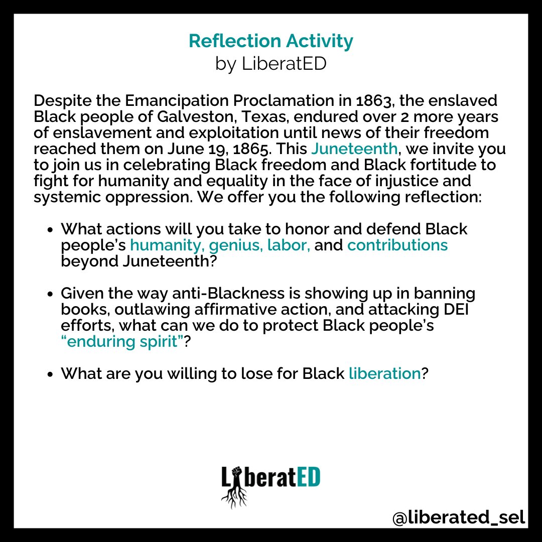 How you will honor &amp; defend Black people’s humanity, genius, labor, and contributions beyond #Juneteenth?

Join us in continuously celebrating Black freedom &amp; Black fortitude to fight for humanity and equality in the face of injustice and systemic oppression.

#LiberatEDSEL