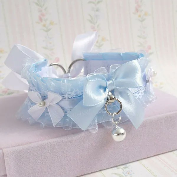 I just received Dreamy baby blue choker necklace , kitten pet play collar , organza ruffles white lace