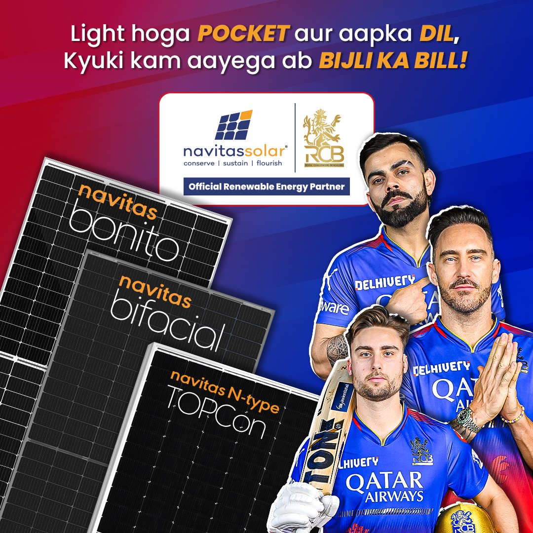 SantoshJad69353's tweet image. Lighten your pocket and your heart, because now your electricity bill will be lighter too!

 RCB, Solar Energy, Sustainable Resources, Renewable Energy, Cricket Fans, RCB Fans]
.
.
#NavitasSolar #RCB #SolarEnergy #Savings #SaveEnergy #LightenUp #SustainableLiving #GreenPower