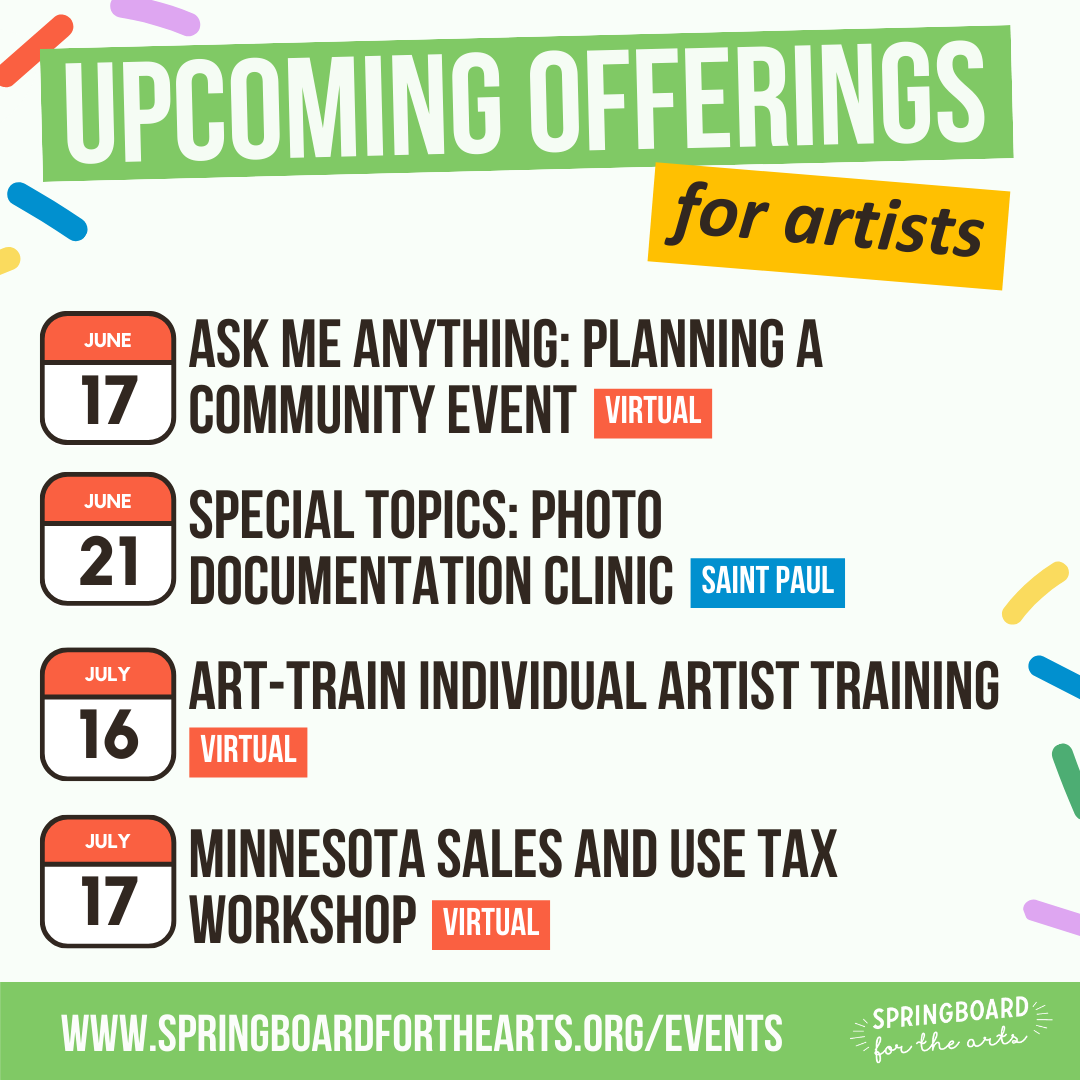 SpringboardArts's tweet image. Coming up at Springboard for the Arts!
Join us today at noon for for our virtual “Ask Me Anything” conversation about planning a community event.
Explore our full calendar of events for artists and organizations including workshops, trainings, and more: springboardforthearts.org/events/