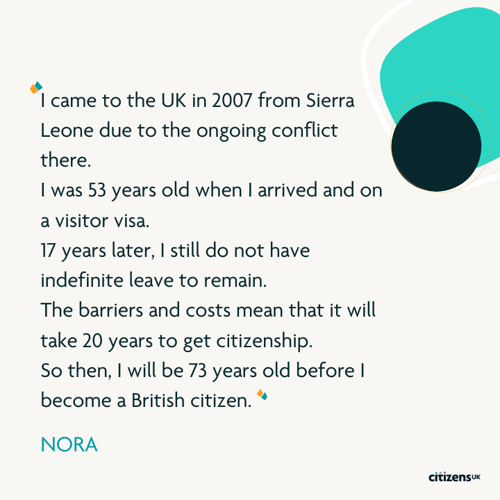It takes most people 11 years or even longer to become a UK citizen. Nora must wait until she is 73 years old.

Long waits, high costs and insecure job access cause destitution and ill-health. We need a timely, affordable &amp; fair pathway to citizenship.

 #OurHome #RefugeeWeek
