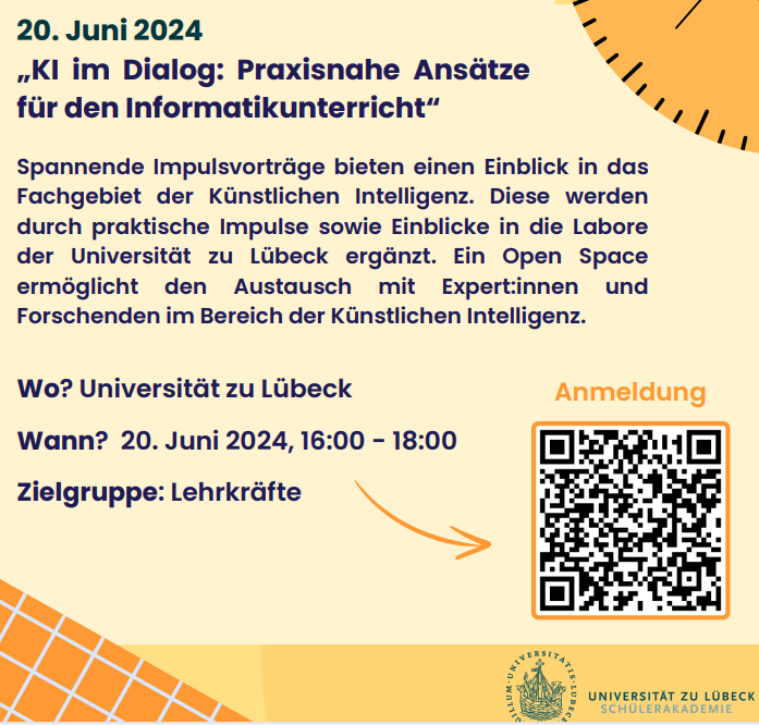 SaLueHL's tweet image. Liebe Lehrkräfte, diese Woche Donnerstag findet von 16:00 - 18:00 an der @UniLuebeck die Veranstaltung „#KI im Dialog: Praxisnahe Ansätze für den #Informatikunterricht“ statt. Eine Anmeldung für Lehrkräfte ist noch möglich unter: home.salue.uni-luebeck.de/local/accountr…