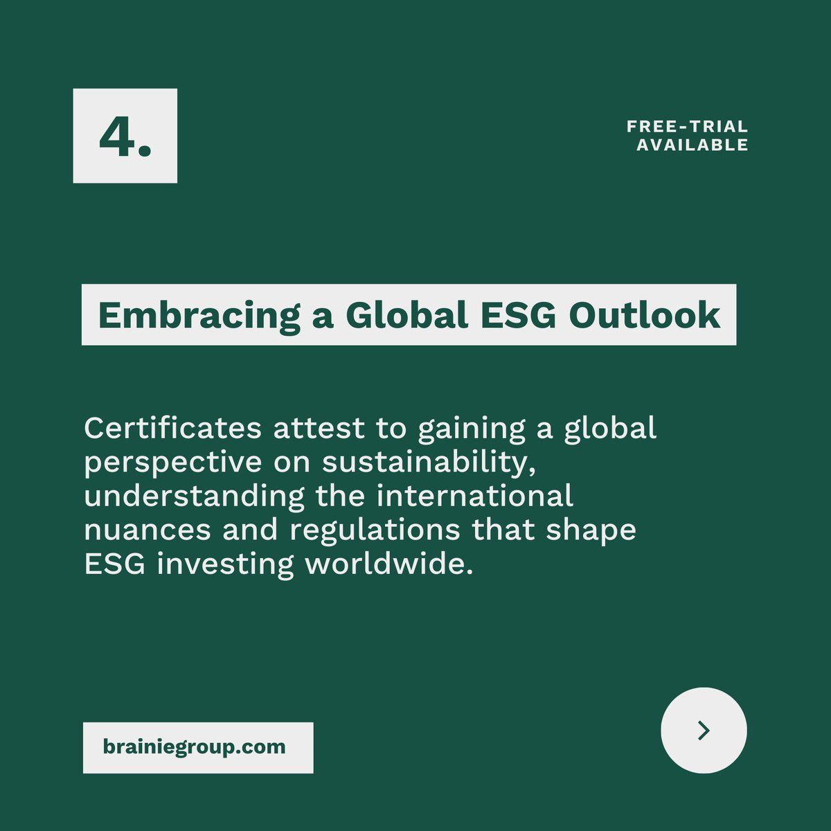 Brainie12's tweet photo. Unlock the power of sustainable investing with our ESG Certificate Program! 🌟🌿   Discover how to apply ESG principles to real-world scenarios and join the ranks of professionals shaping a greener future.   Start with our free trial!  #ESG #sustainability #globaleducation https://t.co/gzRttKFTwa