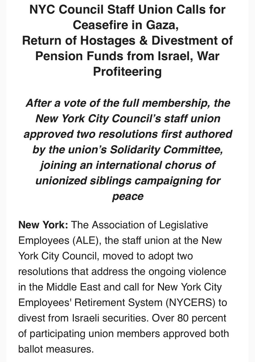 The New York City Council staffers’ union overwhelmingly approved resolutions calling for a ceasefire in Gaza and for the city’s pension fund to divest from Israeli investments.