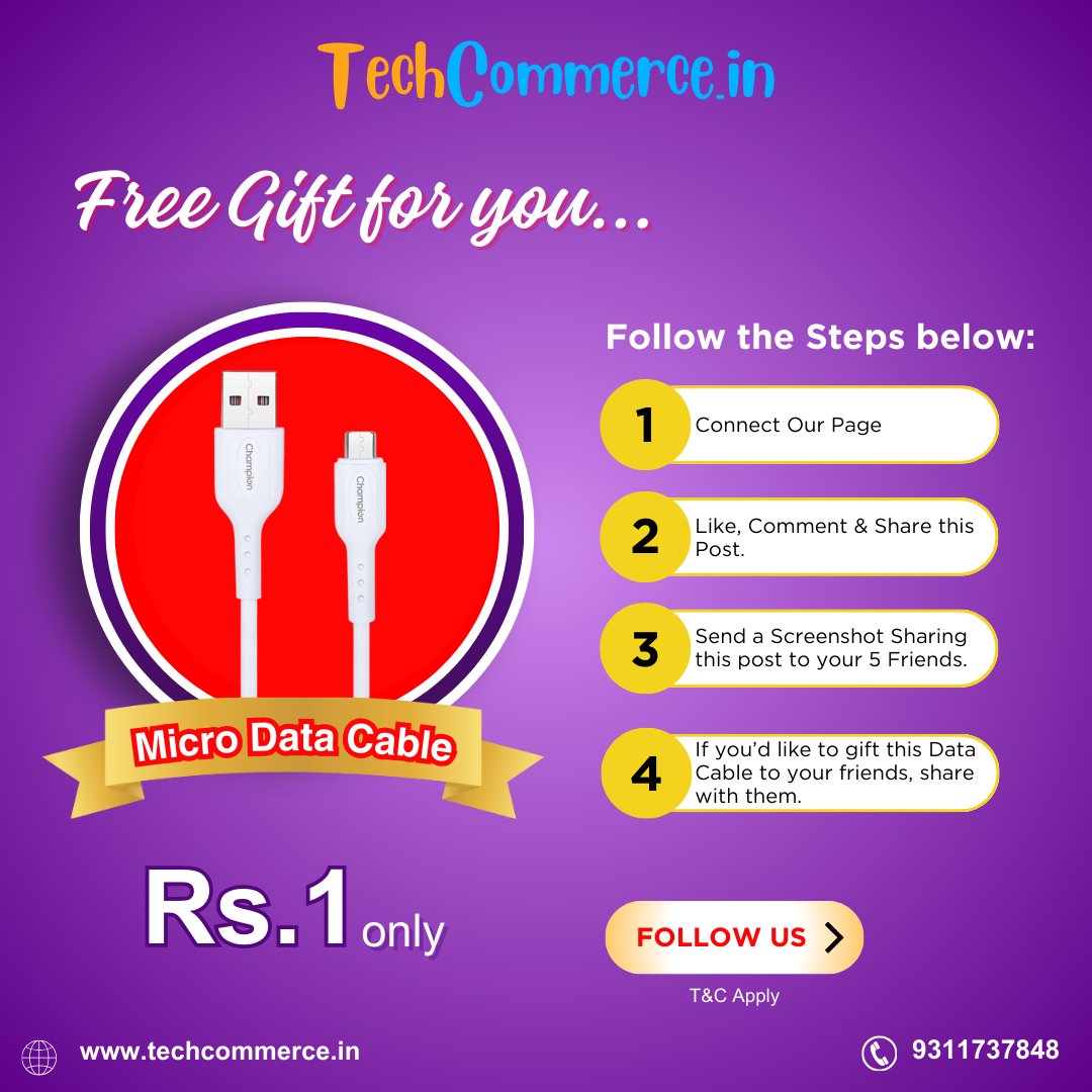 Techcommerce2's tweet image. To take advantage of this Exclusive limited-time offer, please follow these steps:
Share screenshots via Direct Message (DM).
Comment "Rs 1" on this post.
Upon completion, you will receive a link for a free Micro Data Cable. 
Thank you for Participating!

#MicroDataCable #Offer