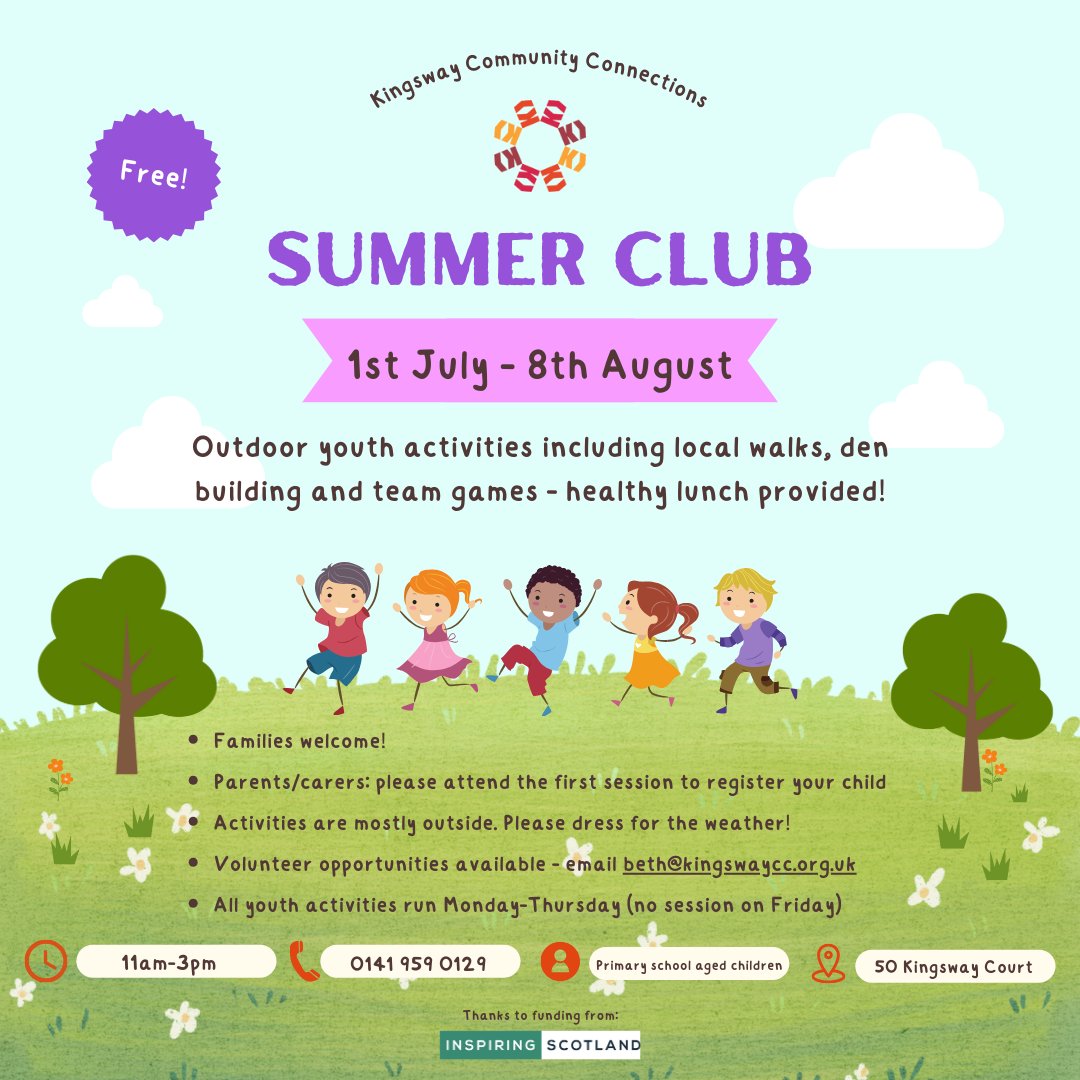 TWO WEEKS UNTIL THE CLUB 🎉

Thanks to Inspiring Scotland's Thrive Outdoors fund for providing another years' funding. From 1st July we'll be back with fun, free, outdoor activities for primary school aged children 🌞

Contact us for more info! 

#WhatsOnG13 #WhatsOnG14