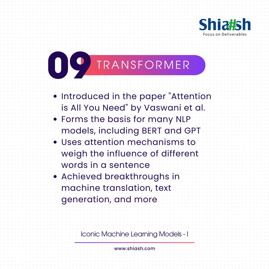 ShiashInfo's tweet image. Iconic Machine Learning Models - III
Discover the groundbreaking models that have shaped the field of machine learning.
07. VGGNet
08. YOLO
09. Transformer
#shiashinfosolutions #iconicmlmodels #machinelearningmodel #machinlearning #mlmodels #vggnet #yolo #transformer