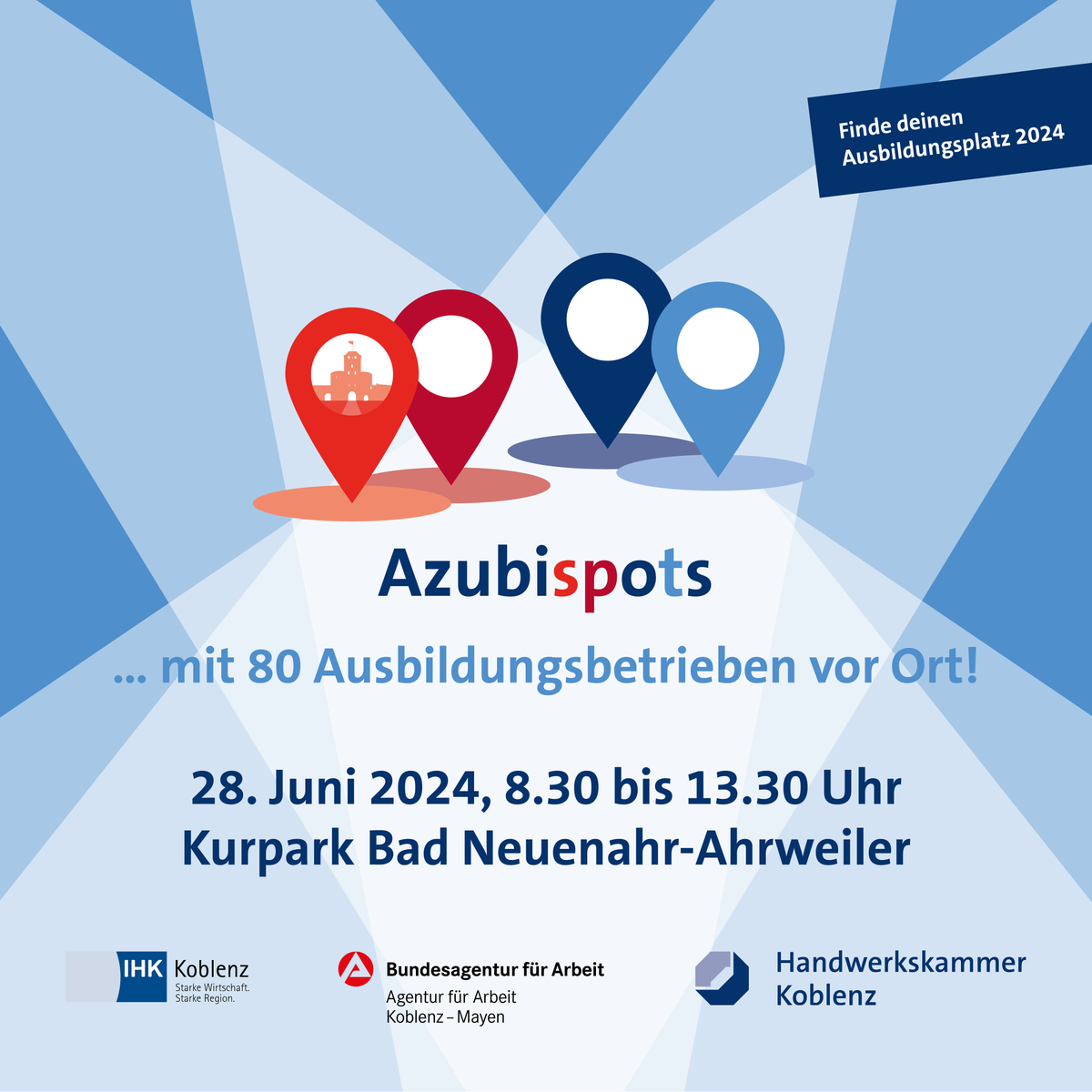 ihkkoblenz's tweet photo. 🌟 AZUBISPOTS 2024: SAVE THE DATE! 🌟
Am 28. Juni 📅 ist es soweit – die dritten und letzten #Azubispots des Jahres!
An der Freiluftveranstaltung im Kurpark Bad Neuenahr-#Ahrweiler nehmen 80 Unternehmen teil und präsentieren ihre Ausbildungsplätze. https://t.co/g93mNBSJke