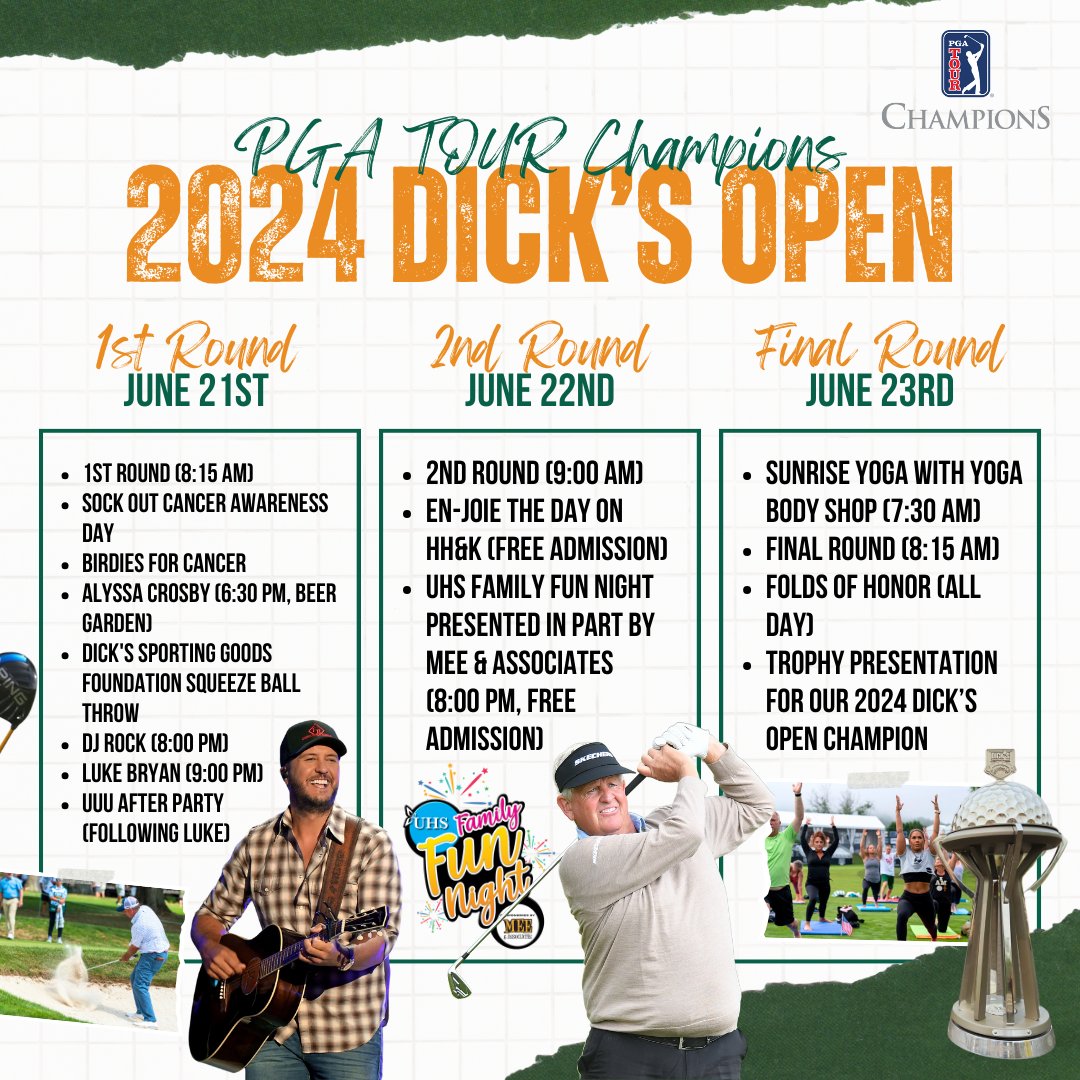 ⛳ Welcome to Tournament Week at the 2024 DICK'S Open! 

Here's an overview of everything going down this week. Gates open for spectators at 8:00 am each day beginning Wednesday. Let the fun begin! 🏌️‍♂️🏆
