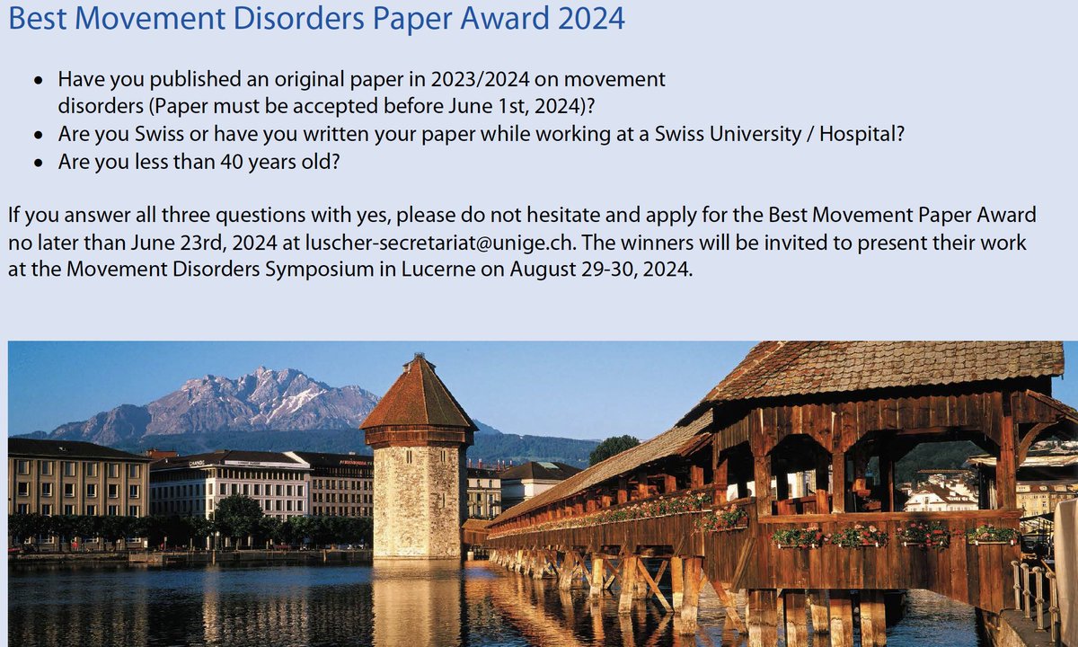 Christian Lüscher (@luscherc) on Twitter photo Published recently a study in movement disorders (clinical or basic)?
Last minute reminder: apply before June 23!
If you are eligible, send paper and CV to luscher-secretariat@unige.ch Published recently a study in movement disorders (clinical or basic)?
Last minute reminder: apply before June 23!
If you are eligible, send paper and CV to luscher-secretariat@unige.ch