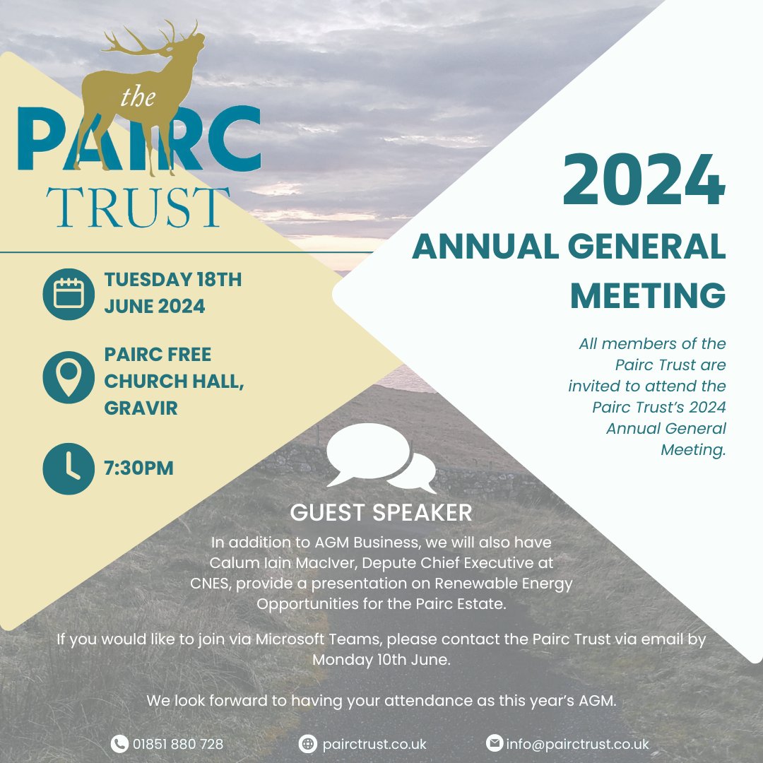 📷 2024 AGM Reminder - TOMORROW 📷
A reminder that the Pairc Trust's Annual General Meeting (AGM) for 2024 will be held tomorrow on Tuesday 18th June at 7:30pm in Pairc Free Church Hall, Gravir. For further information, please see our website: pairctrust.co.uk/.../annual-gen…