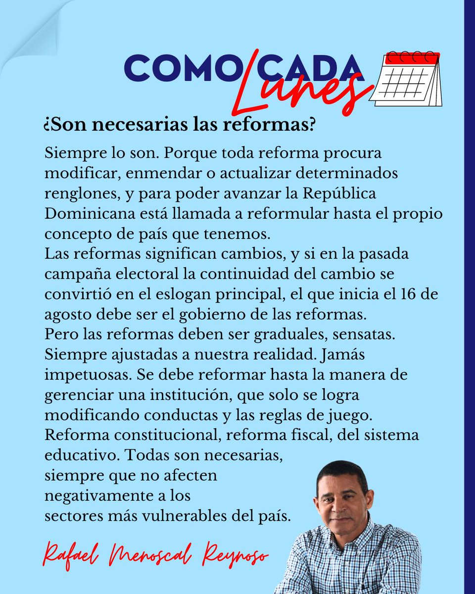 Tal como dice, nuestro amigo, Menoscar Reynoso,   Luis Abinader va a promover las reformas para favorecer a la mayoría del pueblo dominicano, porque esas reformas van a producir el desarrollo de la República Dominicana. <a href="/luisabinader/">Luis Abinader</a> <a href="/spereyrarojas/">Samuel Pereyra Rojas</a> <a href="/Pachecoalfredoo/">Alfredo Pacheco</a>