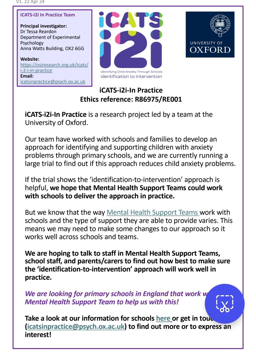 📢Calling primary schools in England that work with a Mental Health Support Team!
We need your help to find out how an ‘identification-to-intervention' approach for child anxiety would work best in practice!

Find out more below or get in touch on icatsinpractice@psych.ox.ac.uk