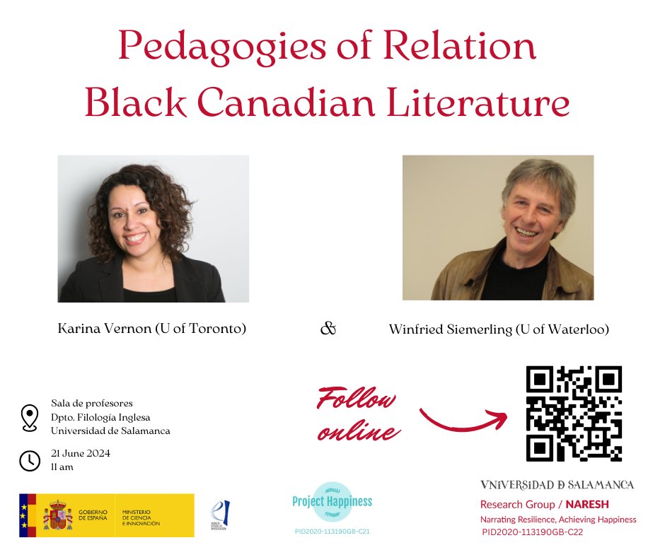 We are delighted to welcome you to the seminar "Pedagogies of Relation: Black Canadian Literature" with <a href="/karina_vernon/">Karina Vernon (she/her)</a> and Winfried Siemerling. You can come to <a href="/usal/">Universidad de Salamanca</a> this Friday or join us online by signing up here: forms.gle/kJFKyx4hTVtVJK…