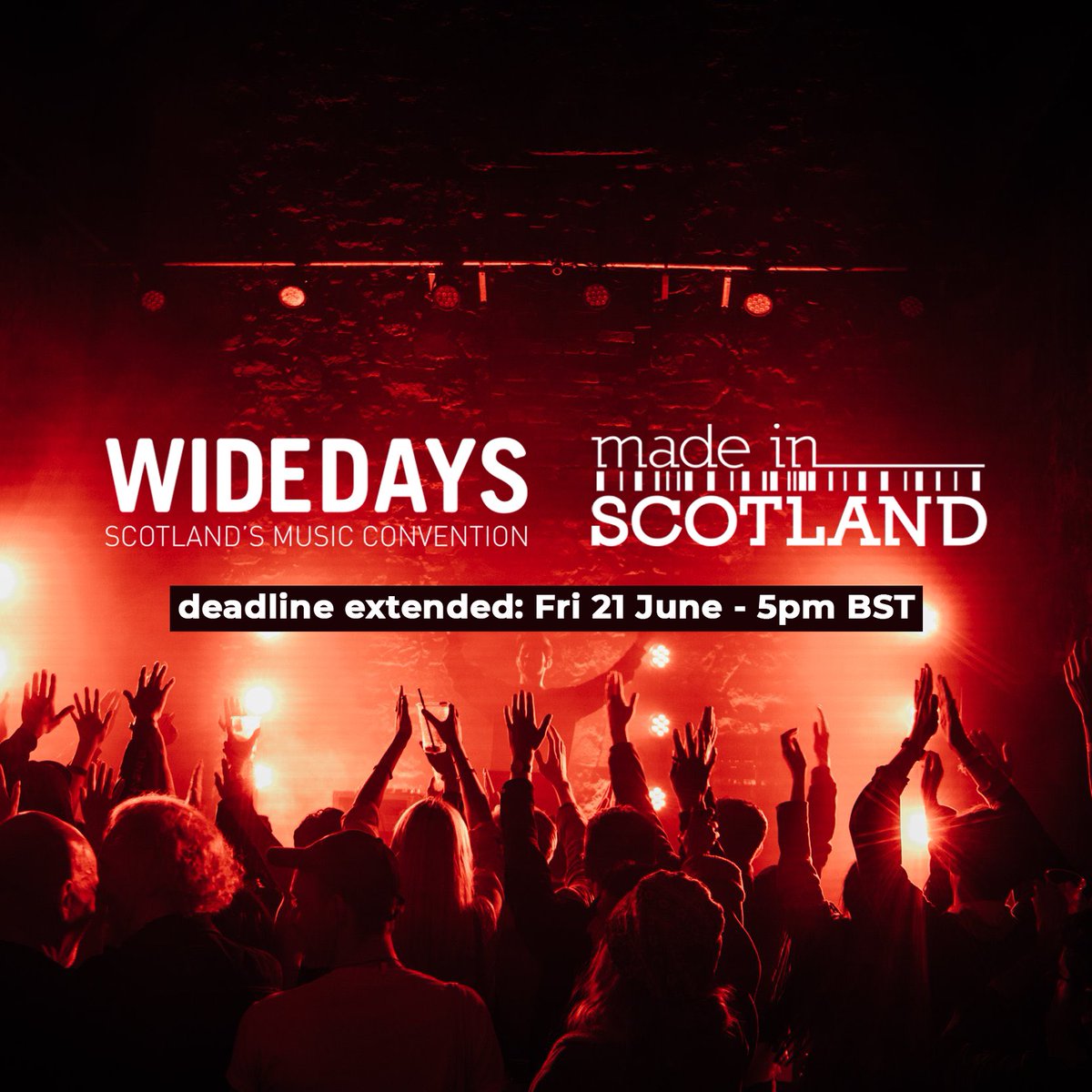 DEADLINE EXTENDED!

You have until 5pm BST this Friday (21 June) to apply to our Made In Scotland Gigs showcase opportunity.

Eight acts will showcase at @labelleedinburgh on 14 or 15 Aug, 
receiving a £1k grant + pre-event support. 

More info 👉 wide.ink/mis