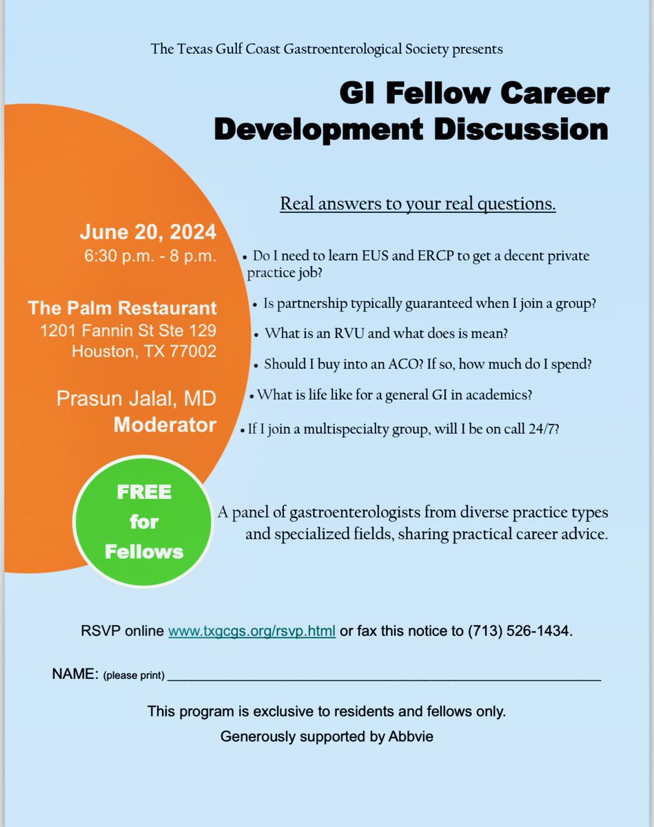 Scott A Larson (@scottalarsonmd) on Twitter photo The Texas Gulf Coast Gastroenterological Society presents:
GI Fellow Career
Development Discussion
Thursday June 20th 2024 6:30-8:30pm
RSVP online txgcgs.org/rsvp.html or fax this notice to (713) 526-1434.
<a href="/bcm_gihep/">BCM Gastroenterology</a>
<a href="/iGUT_Houston/">Nirav Thosani</a>
<a href="/UtGastro/">UTHoustonGastro</a>
<a href="/TexasIEG/">TxIEG</a>
<a href="/TexasGastros/">Texas Society for Gastroenterology and Endoscopy</a> The Texas Gulf Coast Gastroenterological Society presents:
GI Fellow Career
Development Discussion
Thursday June 20th 2024 6:30-8:30pm
RSVP online txgcgs.org/rsvp.html or fax this notice to (713) 526-1434.
<a href="/bcm_gihep/">BCM Gastroenterology</a>
<a href="/iGUT_Houston/">Nirav Thosani</a>
<a href="/UtGastro/">UTHoustonGastro</a>
<a href="/TexasIEG/">TxIEG</a>
<a href="/TexasGastros/">Texas Society for Gastroenterology and Endoscopy</a>
