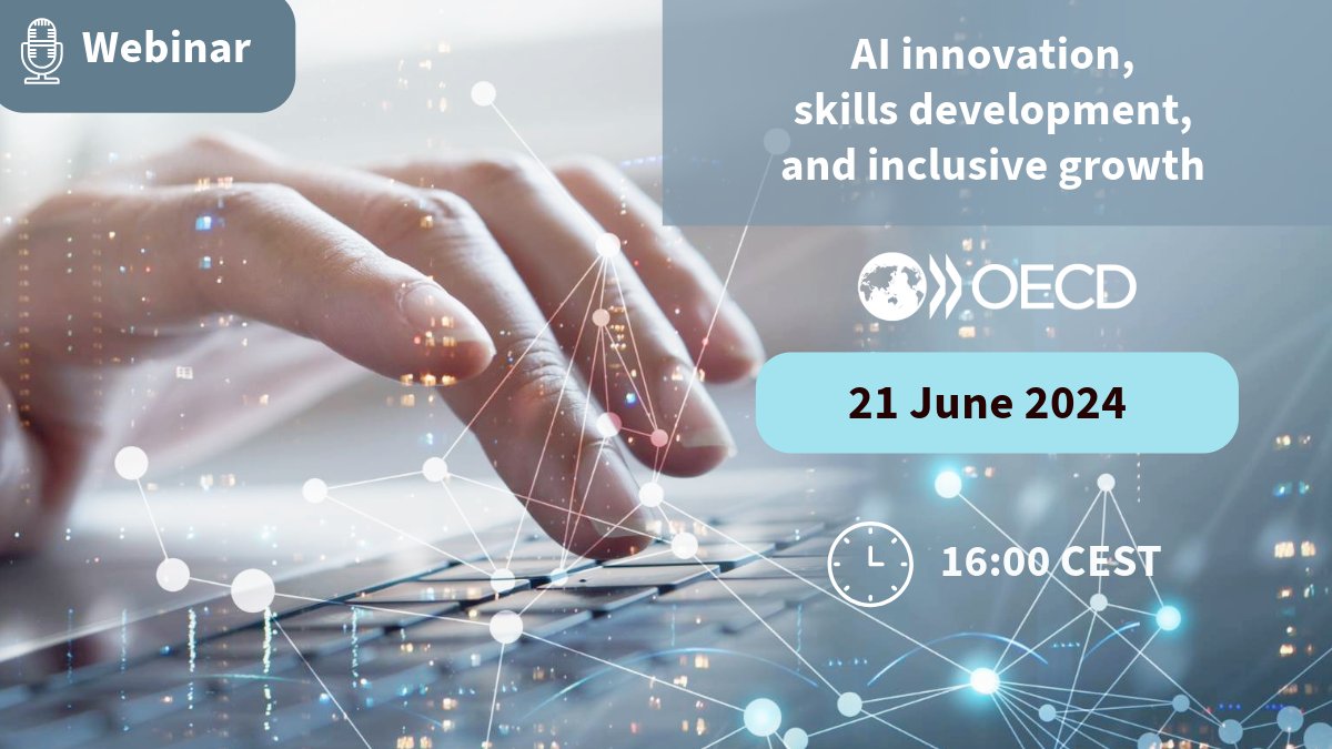 How can we ensure the benefits of #ArtificialIntelligence are widespread, and minimise risks associated with #AI for individuals &amp; communities around the world?

🗓️ Join us at an #OECDCentre4Skills webinar on Friday, 21 June.

🔗 Register here 👉 bit.ly/4b3Ephv

#OECDAI
