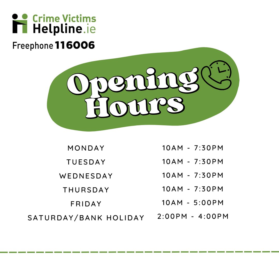 🌟 Important Announcement! 🌟

In response to increased demand for our service, the Crime Victims Helpline is extending its hours and is now open from 10 AM to 7.30 PM Monday to Thursday📞

We're here to provide information, assistance and support to anyone who may need it.