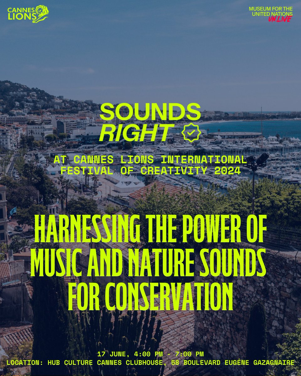 Museum for the United Nations — UN Live (@museumfortheun) on Twitter photo NATURE the artist at <a href="/Cannes_Lions/">LIONS | The Home of Creativity</a>.🌳 We look forward to host a panel together with amazing partners at <a href="/hubculture/">Hub Culture</a> on our initiative <a href="/SoundsRight2024/">soundsright.earth</a> – where we will discuss the power of music and nature sounds for conservation.
#canneslions2024 NATURE the artist at <a href="/Cannes_Lions/">LIONS | The Home of Creativity</a>.🌳 We look forward to host a panel together with amazing partners at <a href="/hubculture/">Hub Culture</a> on our initiative <a href="/SoundsRight2024/">soundsright.earth</a> – where we will discuss the power of music and nature sounds for conservation.
#canneslions2024