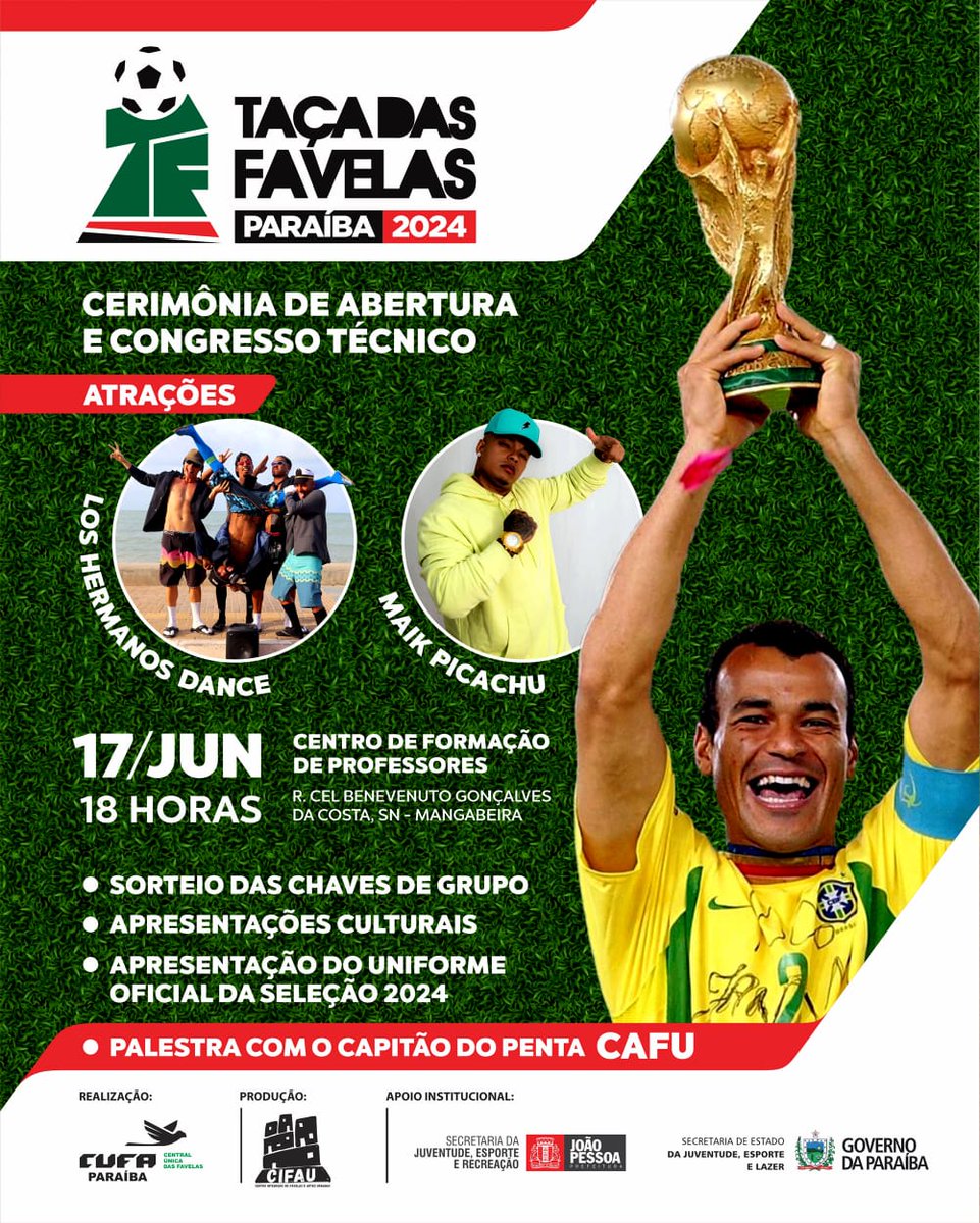 *Taça das Favelas Paraíba*

João Pessoa é sede da abertura e congresso técnico da Taça das Favelas Paraíba.  O evento reúne nesta segunda (17), no Centro de Formação de Professores em Mangabeira, autoridades, atletas e técnicos.
