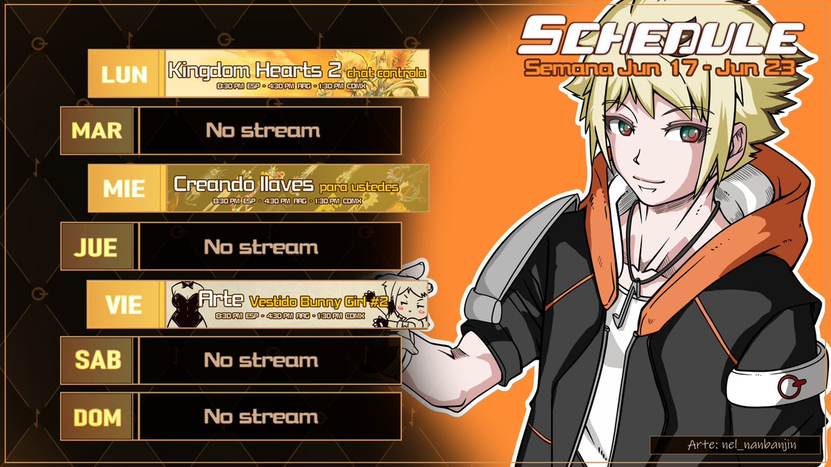 Light_Key_'s tweet photo. 🔑HORARIOS DE STREAM🔑
✨Semana Junio 17 - Junio 23✨
Directos en: https://t.co/OzBpcetYCd
Mis redes: https://t.co/4g8M8Lee40
✰General: #LightKey
✰Arte: #LightKiArt
✰Memes: #MomazosLight
✰Clips: #LightKiClips
✰Oshi Mark: ✨🔑
¡Será un placer tenerles por ahí! 🧡 https://t.co/albfjvBRDm