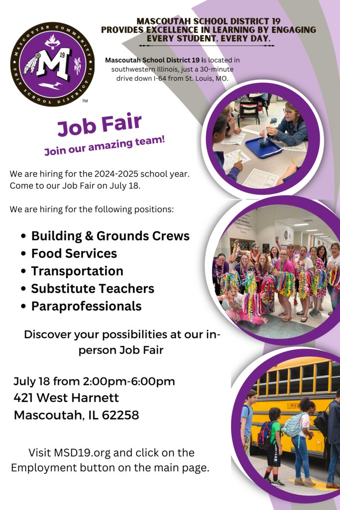 MSD19 Job Fair on July 18, 2024, from 2:00pm-6:00pm, at 421 West Harnett: Join our amazing team! We are hiring for the 24-25 school year for the following positions: Building &amp; Grounds Crews, Food Services, Transportation, Substitute Teachers, Paraprofessionals. #19EveryStudent