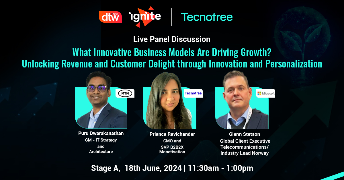 Join us tomorrow at DTW24 – Ignite for a live panel discussion on ‘What innovative business models are driving growth’. Discover how service providers can redefine business models to amplify AI’s revenue impact. Meet us at #DTW24Ignite!
tecnotree.com/dtw-2024/