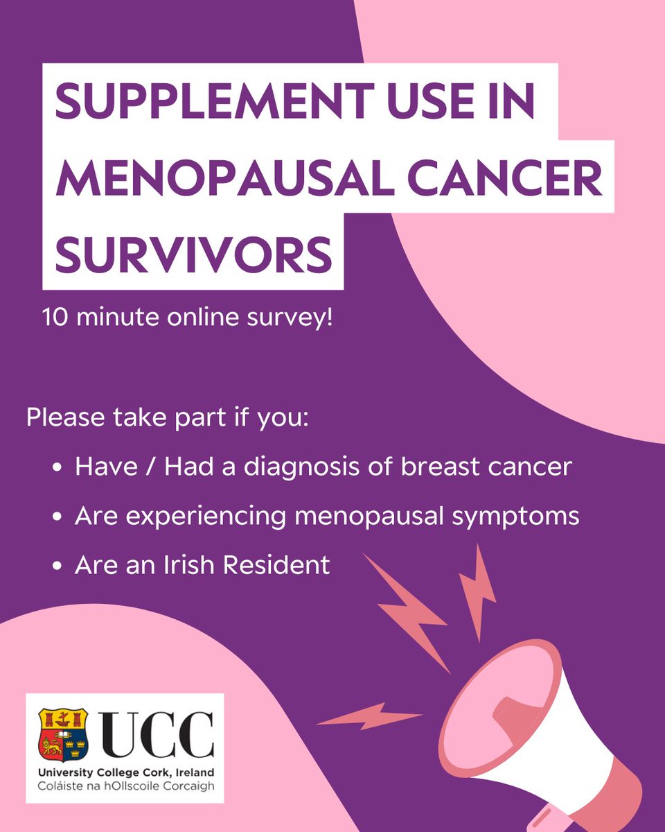 Irish Cancer Society (@irishcancersoc) on Twitter photo A team of researchers at UCC are recruiting for an online survey on what dietary and/or herbal supplements breast cancer surviviors are taking during the menopause.
To take part, contact Sinead, at: sineadlarkin@umail.ucc.ie or simply click: ucc.qualtrics.com/jfe/form/SV_81โฆ A team of researchers at UCC are recruiting for an online survey on what dietary and/or herbal supplements breast cancer surviviors are taking during the menopause.
To take part, contact Sinead, at: sineadlarkin@umail.ucc.ie or simply click: ucc.qualtrics.com/jfe/form/SV_81โฆ