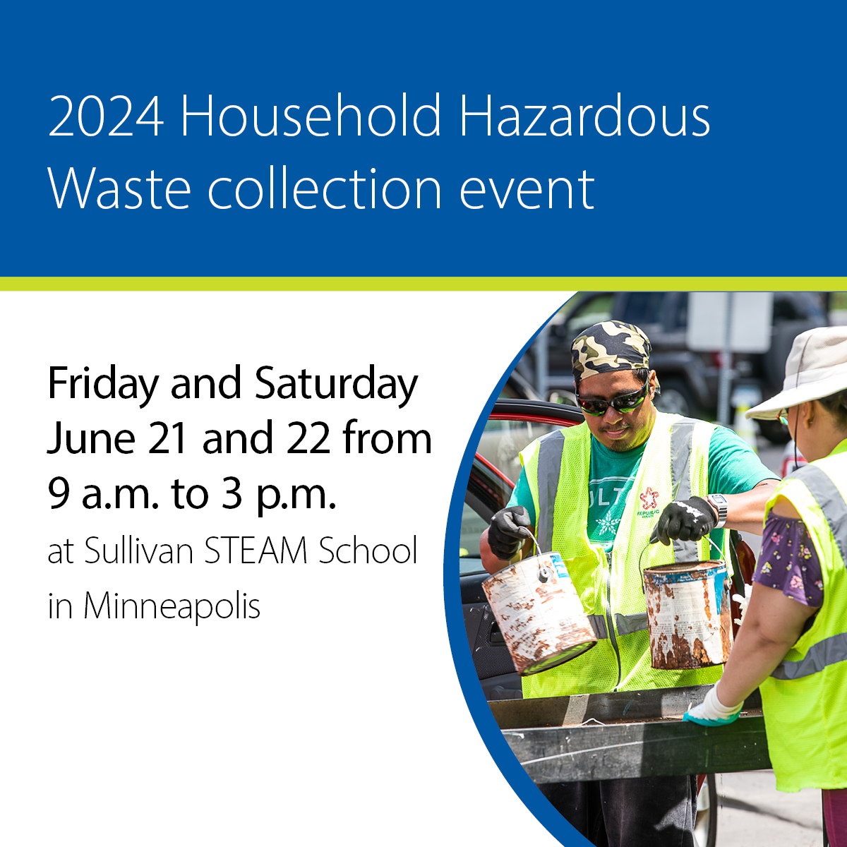 HennepinEnviro's tweet photo. Bring your household hazardous waste to our collection event at the Sullivan STEAM School in Minneapolis on Friday and Saturday, June 21 and 22. Learn more about what you can bring and the 2024 event schedule at https://t.co/XHMjgWMVj4
#HHW #HennepinCounty #CollectionEvent https://t.co/HtxCsZkh7w