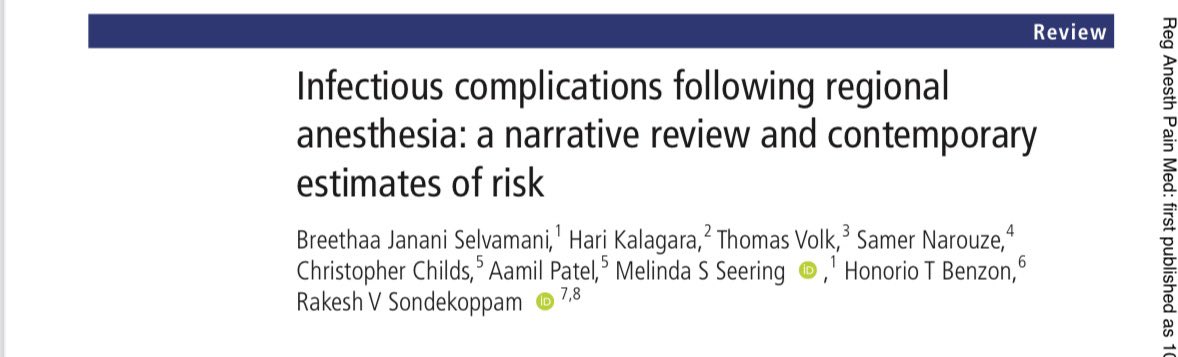 🩺 Hari (హరి 🇮🇳) Kalagara (@kalagarahari) on Twitter photo #regionalanesthesia
💥Infectious complications following regional anesthesia: a narrative review & contemporary estimates of risk:
👉 rapm.bmj.com/content/early/… <a href="/rakesh6282/">Rakesh Sondekoppam</a> Dr Selvamani 🙏 <a href="/ASRA_Society/">ASRA Pain Medicine</a> <a href="/ESRA_Society/">ESRA | European Society of Regional Anaesthesia</a> <a href="/NarouzeMD/">Samer Narouze,MD,PhD,MMM</a> <a href="/ThomasVolk16/">Thomas Volk</a> <a href="/AoraIndia/">AORA India</a> <a href="/MayoAnesthesia/">Mayo Clinic Department of Anesthesiology</a> <a href="/RAPMOnline/">Regional Anesthesia & Pain Medicine</a> #regionalanesthesia
💥Infectious complications following regional anesthesia: a narrative review & contemporary estimates of risk:
👉 rapm.bmj.com/content/early/… <a href="/rakesh6282/">Rakesh Sondekoppam</a> Dr Selvamani 🙏 <a href="/ASRA_Society/">ASRA Pain Medicine</a> <a href="/ESRA_Society/">ESRA | European Society of Regional Anaesthesia</a> <a href="/NarouzeMD/">Samer Narouze,MD,PhD,MMM</a> <a href="/ThomasVolk16/">Thomas Volk</a> <a href="/AoraIndia/">AORA India</a> <a href="/MayoAnesthesia/">Mayo Clinic Department of Anesthesiology</a> <a href="/RAPMOnline/">Regional Anesthesia & Pain Medicine</a>