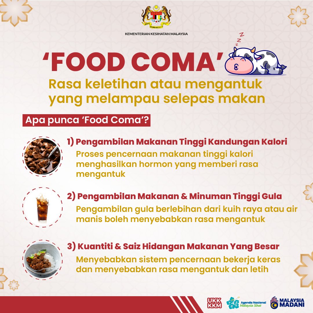 KKMPutrajaya's tweet photo. Setelah menjamu selera, tubuh anda berasa letih dan anda berasa mengantuk 😴. Keadaan ini dikenali sebagai 'food coma'. 'Food coma' boleh terjadi kepada seseorang atas beberapa faktor.

Anda lebih terdedah kepada 'food coma' sekiranya anda mengambil kuantiti makanan 🍛🍝 yang tidak disyorkan untuk metabolisma anda dan kebiasaannya terjadi semasa musim perayaan. Jom ketahui punca terjadinya 'food coma'.

#KKMPrihatin 
#KKMSihat 
#MalaysiaMadani