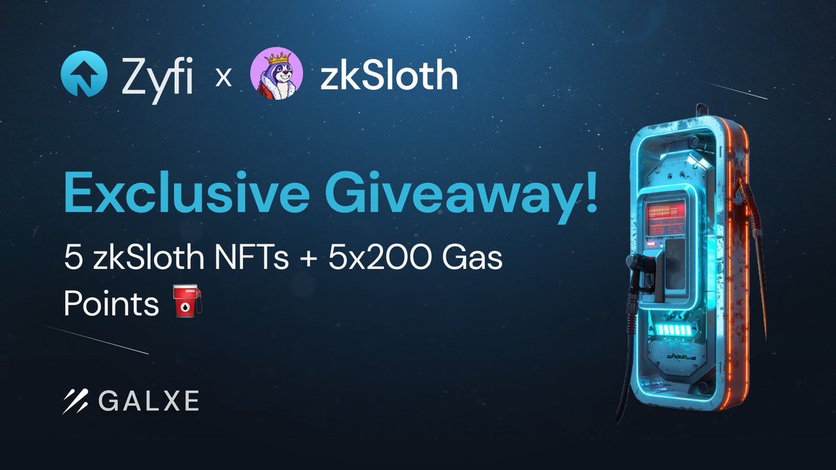 Zyfi_org's tweet image. Try to win 5 zkSloth NFTs + 5x200 Gas Points 🏆

✅ Follow @Zyfi_org and @zkSlothNFT on Twitter
✅ Like &amp;amp; retweet this tweet
✅ Swap on Zyfi without ETH as gas

Grab your chance to win here 👉 app.galxe.com/quest/zyfi/GCE…

The raffle draw will take place at the end of the campaign ⛽️