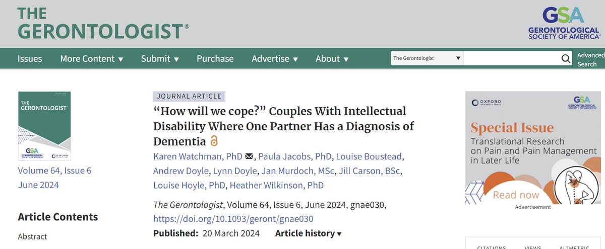 Our article reporting on experiences of couples with a learning disability affected by dementia is published in this edition of the Gerontologist. Direct link to article at lnkd.in/ewRcuzC4 with more about our award winning 'Stand by Me' project at lnkd.in/eJm2jqf7