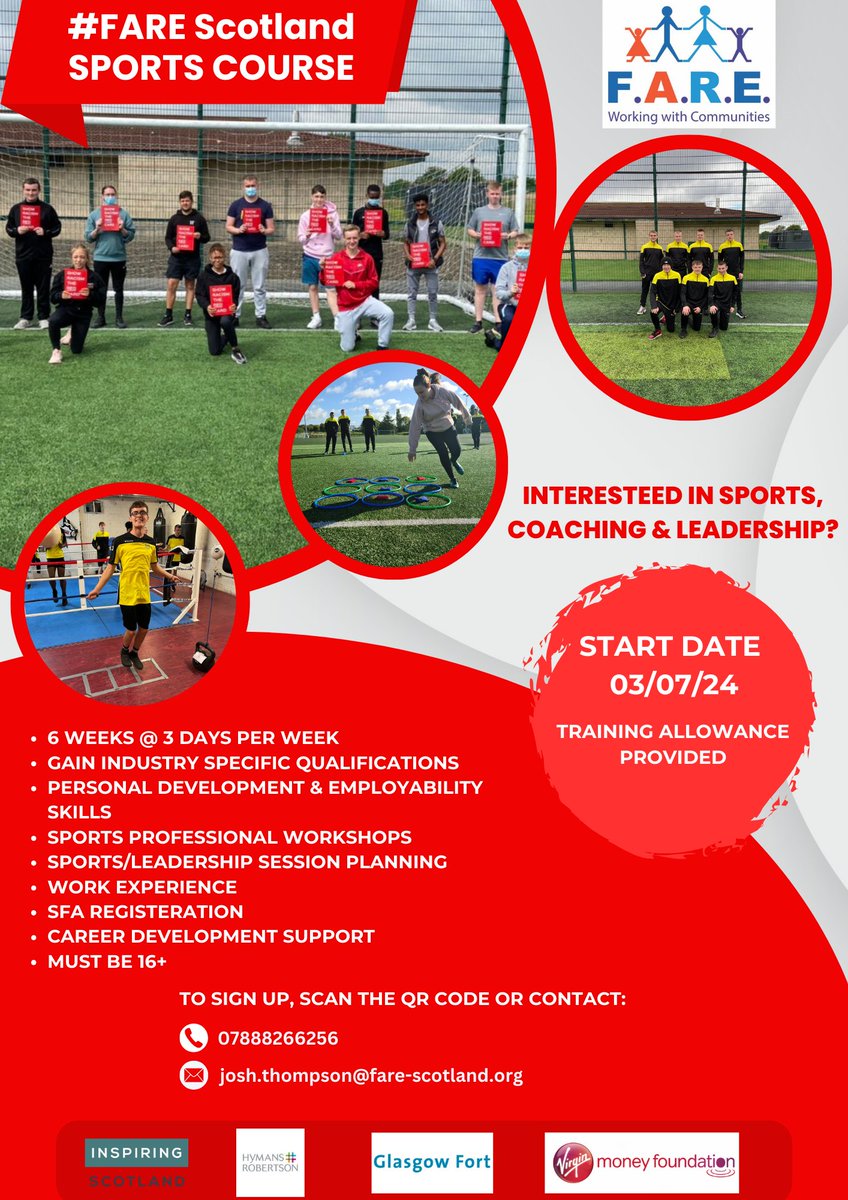 🚨Fare Sports Returns🚨

Our hugely popular sports employability programme returns on the 3rd July. If you know someone who is 16+ and is interested in this course, please contact me at Josh.Thompson@Fare-Scotland.org or on 07888266256!
