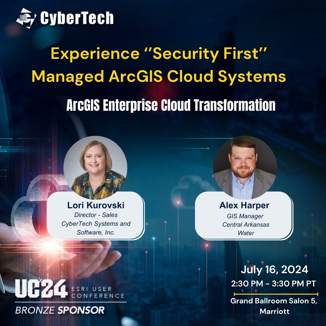 CyberTechOnline's tweet photo. #CyberTech Invites you to an insightful session at the 2024 #Esri User Conference in San Diego.

Topic: #ArcGIS Enterprise #Cloud Transformation: #CentralArkansasWater’s Journey
Date: Tuesday, July 16  
Time: 2:30 PM - 3:30 PM PT  
Location: Grand Ballroom Salon 5 | Marriott https://t.co/savZtQHBmz