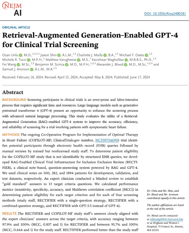 AJ Blood, MD, MS (@ajbloodmd) on Twitter photo Excited to co-senior author our publication in <a href="/NEJM_AI/">NEJM AI</a> bit.ly/4cp1n3P - The Accelerator for Clinical Transformation (accelerator.massgeneralbrigham.org) <a href="/BrighamWomens/">Brigham and Women's Hospital</a> <a href="/bwhcvls/">Brigham and Women’s Cardiovascular Life Science</a> bringing 🫀#AI🤖 to #DigitalHealth & #ClinicalTrials in scalable, team-based & platform technology Excited to co-senior author our publication in <a href="/NEJM_AI/">NEJM AI</a> bit.ly/4cp1n3P - The Accelerator for Clinical Transformation (accelerator.massgeneralbrigham.org) <a href="/BrighamWomens/">Brigham and Women's Hospital</a> <a href="/bwhcvls/">Brigham and Women’s Cardiovascular Life Science</a> bringing 🫀#AI🤖 to #DigitalHealth & #ClinicalTrials in scalable, team-based & platform technology
