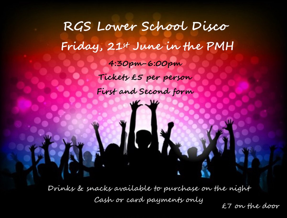 Disco time !!!! 
This Friday from 4.30pm to 6.00pm.
Advanced tickets are available , for all First and Second form students: £5 using the biometric payment system: ask at the catering tills for the ‘School Disco’.
Tickets will be available on the door for £7.