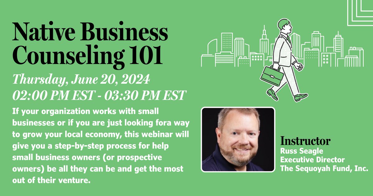 nativelearningc's tweet image. Webinar: Native Business Counseling 101
Date: June 20, 2024 
Time: 2:00 PM - 3:30 PM EST 

Register Now: events-na8.adobeconnect.com/content/connec…

#nativebusiness #webinar  #growth #economicdevelopment #community #NLC #NativeLearningCenter #TribesHelpingTribes