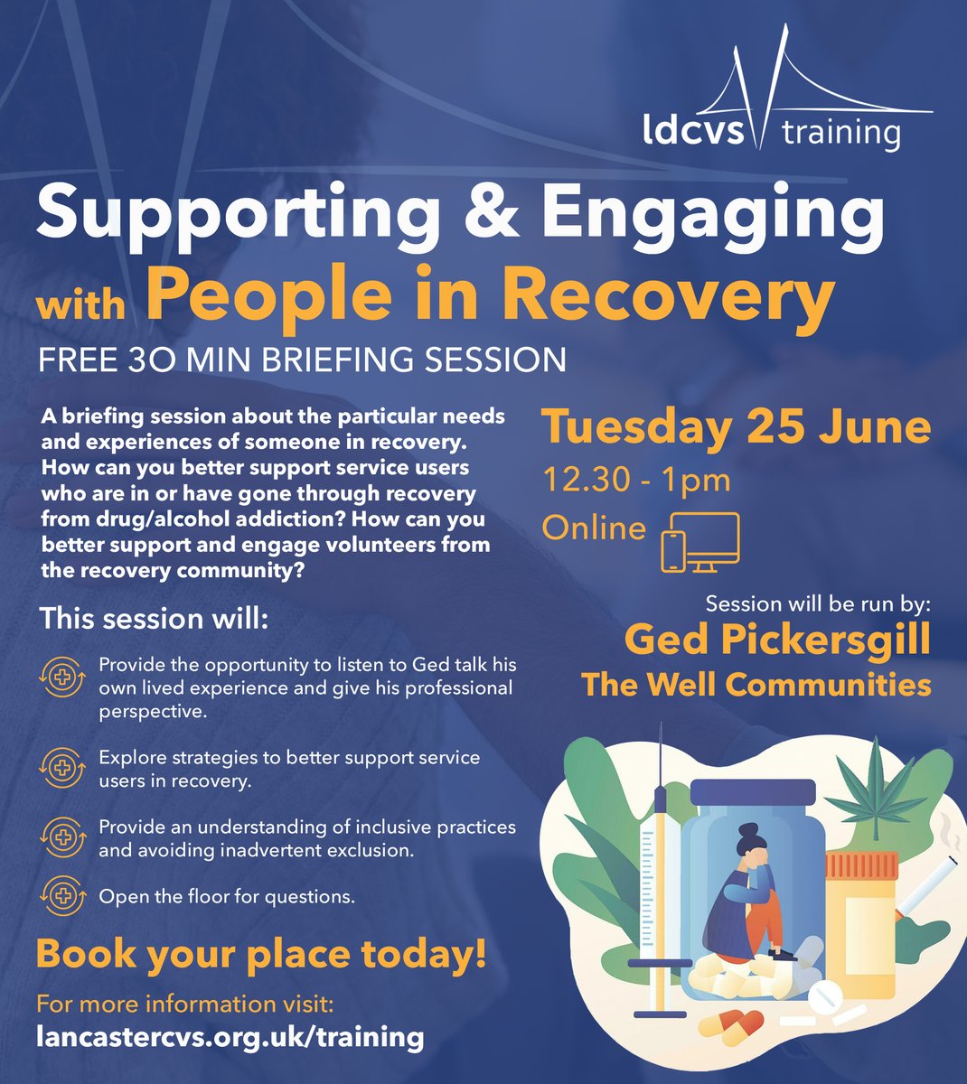 Lancaster District CVS (@lancastercvs) on Twitter photo Join us Tues 25 June 12:30pm for a free 30-minute online session on supporting and engaging people in recovery. Hear from Ged Pickersgill of <a href="/TheThewell2/">The Well Communities CIC</a> about his lived experience and gain valuable insights. Sign up now! ➡️ tinyurl.com/3bt78vdj #RecoverySupport #FreeWebinar Join us Tues 25 June 12:30pm for a free 30-minute online session on supporting and engaging people in recovery. Hear from Ged Pickersgill of <a href="/TheThewell2/">The Well Communities CIC</a> about his lived experience and gain valuable insights. Sign up now! ➡️ tinyurl.com/3bt78vdj #RecoverySupport #FreeWebinar