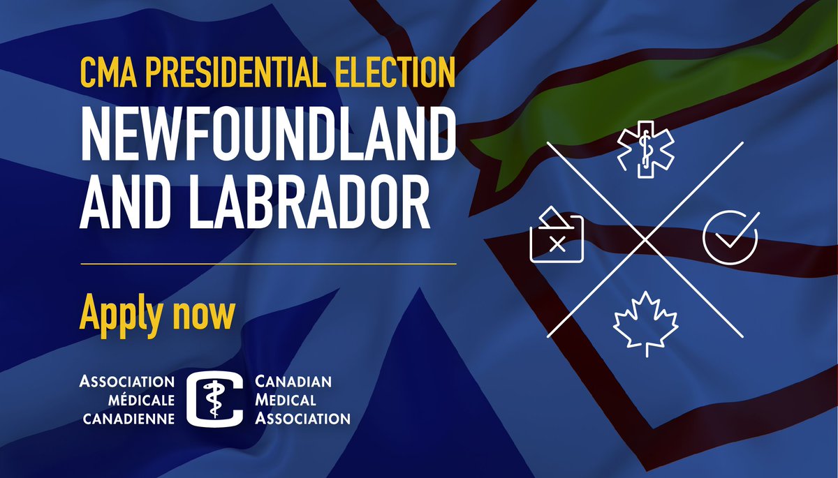 Canadian Medical Association (@cma_docs) on Twitter photo Applications for CMA President-Elect are now open!
Do you know a practicing physician in #NFLD and Labrador with outstanding leadership skills, who's also a member of <a href="/_nlma/">NL Medical Assoc.</a> & @cma_docs? Help us find that dynamic collaborator for the #CDNhealth system: bit.ly/3z5AK5L Applications for CMA President-Elect are now open!
Do you know a practicing physician in #NFLD and Labrador with outstanding leadership skills, who's also a member of <a href="/_nlma/">NL Medical Assoc.</a> & @cma_docs? Help us find that dynamic collaborator for the #CDNhealth system: bit.ly/3z5AK5L