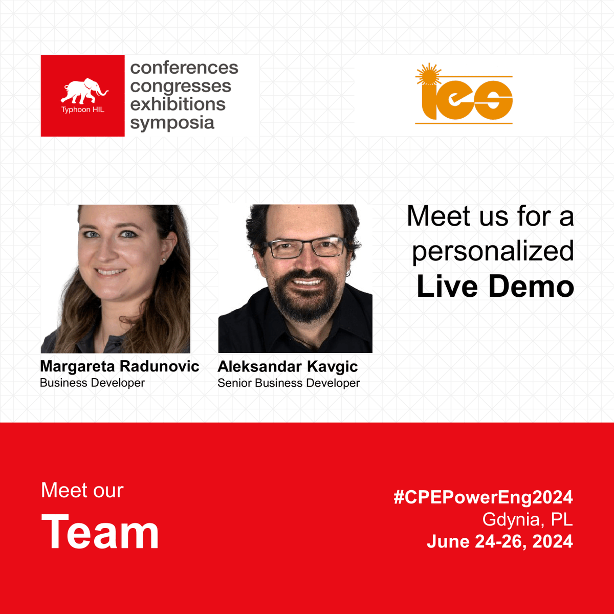 TyphoonHIL's tweet photo. Join us for @IEEEorg CPE-PowerEng 2024 next week in Gdynia, Poland! Aleksandar Kavgic will deliver a presentation on our solutions on June 24th at 10:50 and Margareta Radunovic will join him at the booth, so feel free to stop by for a chat. #PowerElectronics #HILTesting #CHIL https://t.co/qeYBG23bU1