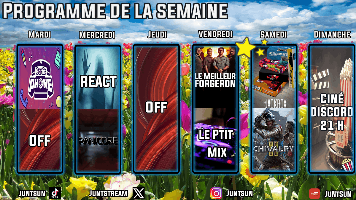 Juntstream's tweet photo. Et voici le planning de la semaine les copains #panicore
#garticphone #chivalryII #jackbox!
Profitez bien de l'arrivé de l'été les bros <3 https://t.co/eVca4kIk9g