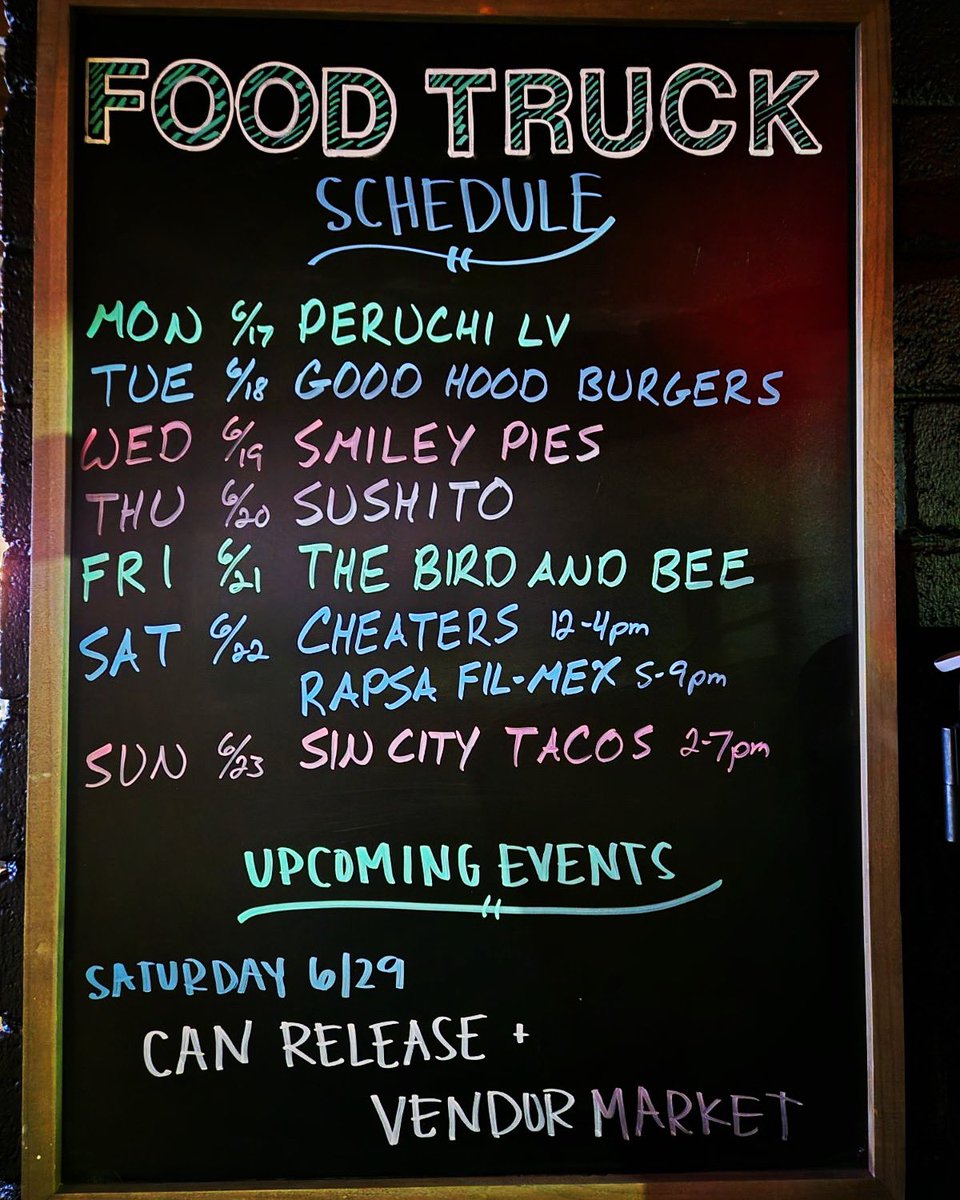 Here are this week’s food trucks down at the brewery! 

Monday: @peruchi_lv 
Tuesday: @goodhoodburgers 
Wednesday: @heysmileypies 
Thursday: @sushito_lv 
Friday: @thebirdandbeelv 
Saturday: @cheatersfoodtruck at noon &amp; @rapsafilmexfusion 5pm
Sunday: @sin_city_tacos_llc at 2pm