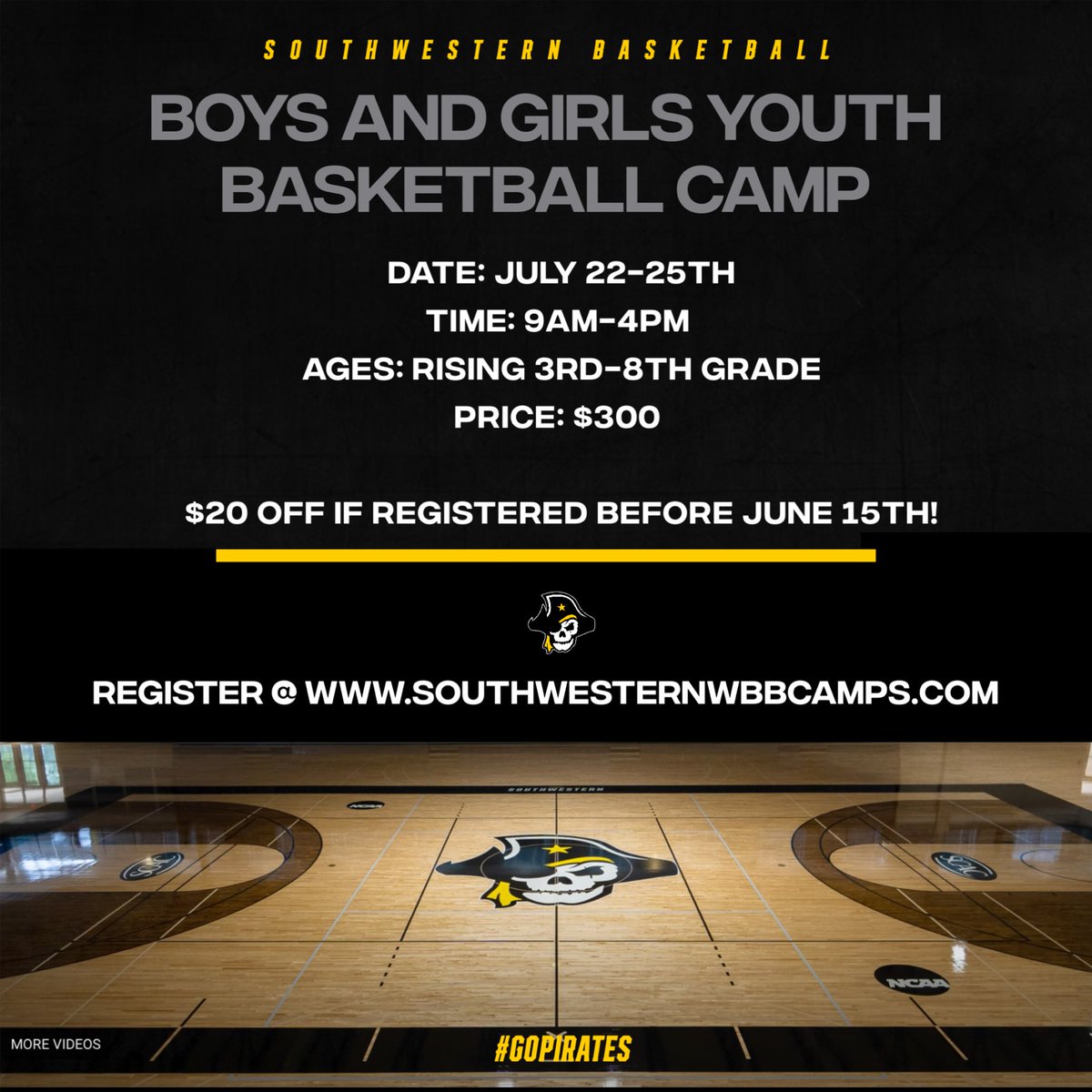 We are 5 weeks away from our Boys and Girls Youth Basketball Camp!! 🏀

Sign up today @ southwesternwbbcamps.com 

#GoPirates🏴‍☠️