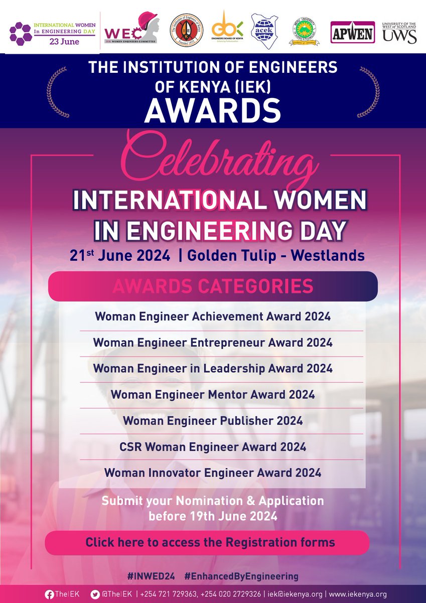 Celebrate your woman engineer this  year during the #INWED by nominating them for the following awards. Let us recognize the trail blazers in their diverse domains by filling out the form: docs.google.com/forms/d/e/1FAI… 
<a href="/TheIEK/">The Institution of Engineers of Kenya</a> <a href="/gachejenny/">Eng. Jennifer Gache</a> <a href="/EngineersBoard/">Engineers Board of Kenya</a> <a href="/ACEK1968/">The Association of Consulting Engineers of Kenya</a> <a href="/MeruUniversity/">Meru University of Science and Technology (MUST)</a>