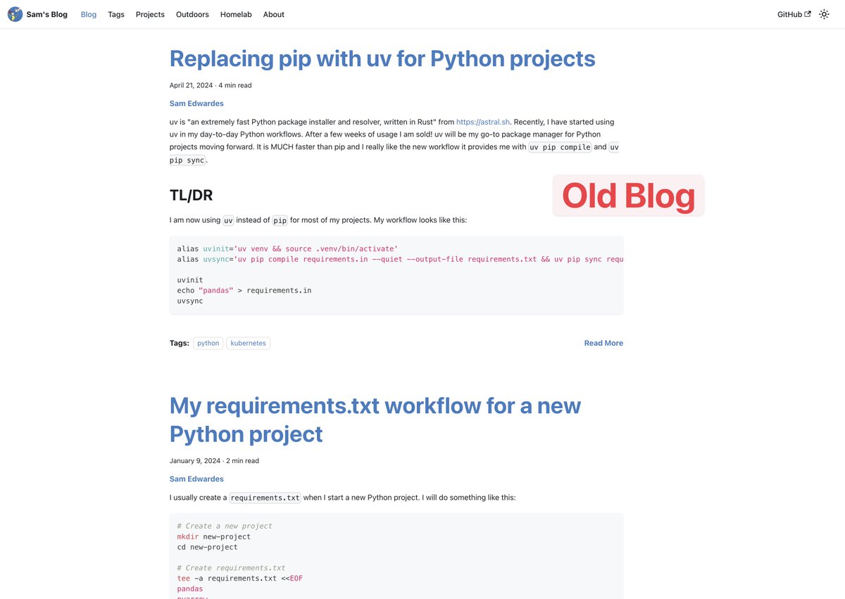 I migrated my blog from Docusauras to Astro. Docusauras was great, but I wanted more control and customization. I also did not want to learn React (right now). Check out the website: samedwardes.com. The source code is github.com/SamEdwardes/sa….